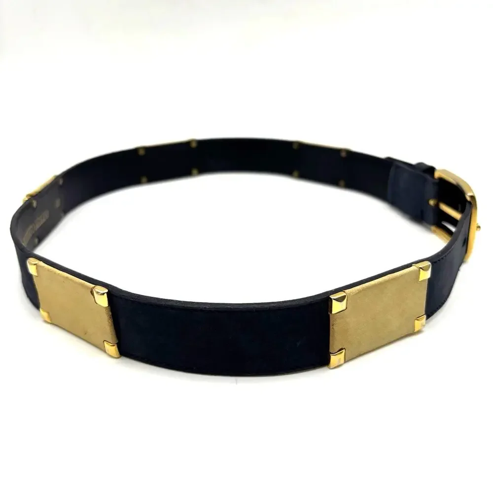 1980s Roberto Bellido Navy & Cream Genuine Leather Gold Studs Waist Belt 29-31